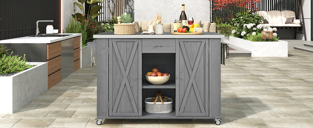 Outdoor Kitchen Island Fir Wood Kitchen Island with Stainless Steel Top, Ample Storage, Towel and Spice Racks, Bottle Opener, Grey