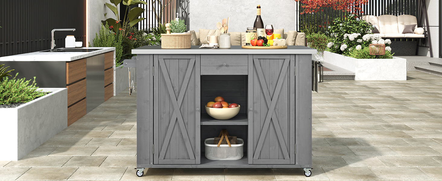Outdoor Kitchen Island Fir Wood Kitchen Island with Stainless Steel Top, Ample Storage, Towel and Spice Racks, Bottle Opener, Grey