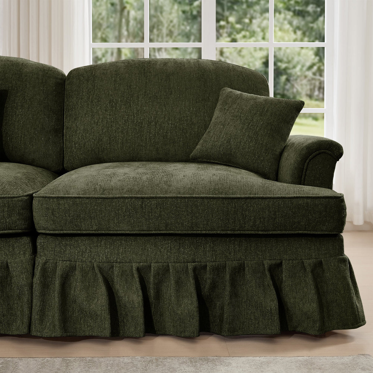 Classic 2 Piece Modular Couch Living Room Sofa Set with Flared Arms and Removable Ruffles Pleats Skirts and Spindle Legs, 2 Seater Sofa + 2-Seat Loveseat Sofa Sets for Living Room,Green