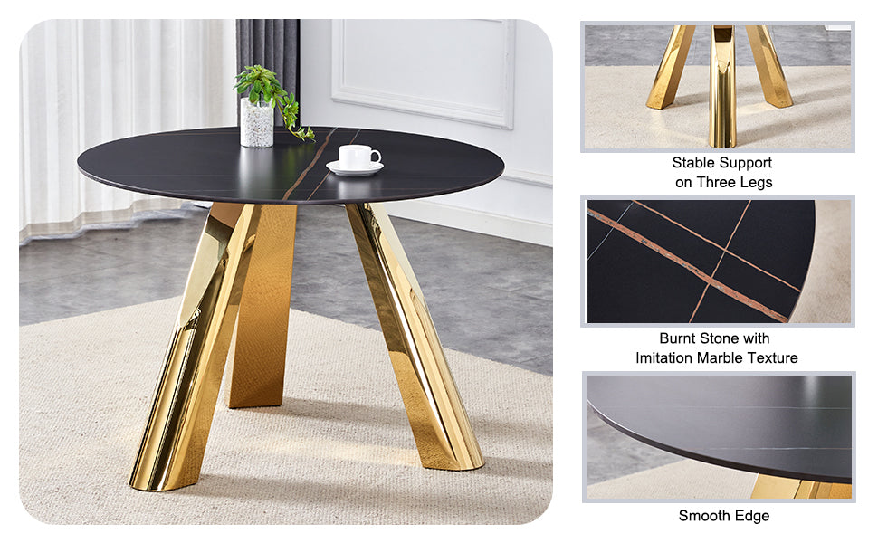 The 42-inch stainless steel gold-plated flamed granite round table with seating for 4 or 6 people is perfect for dining, entertaining, or as a conference table