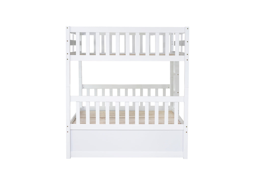 Full Over Full Rubber Wood Bunk Bed with Trundle, Ladder and Guardrails, Convertible to 2 Full Size Beds, with Twin Size Trundle,White