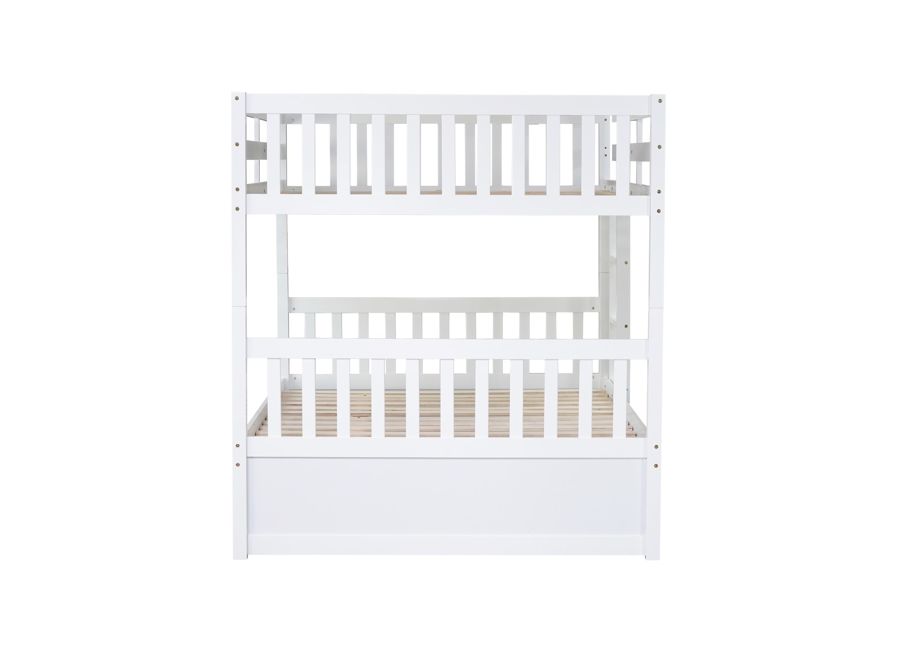 Full Over Full Rubber Wood Bunk Bed with Trundle, Ladder and Guardrails, Convertible to 2 Full Size Beds, with Twin Size Trundle,White
