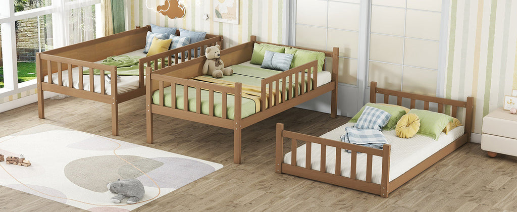 Twin Size Triple Rubber Wood Bunk Bed, with Ladders, Guardrails Detachable Bunk Bed, Twin over Twin over Twin,Natural