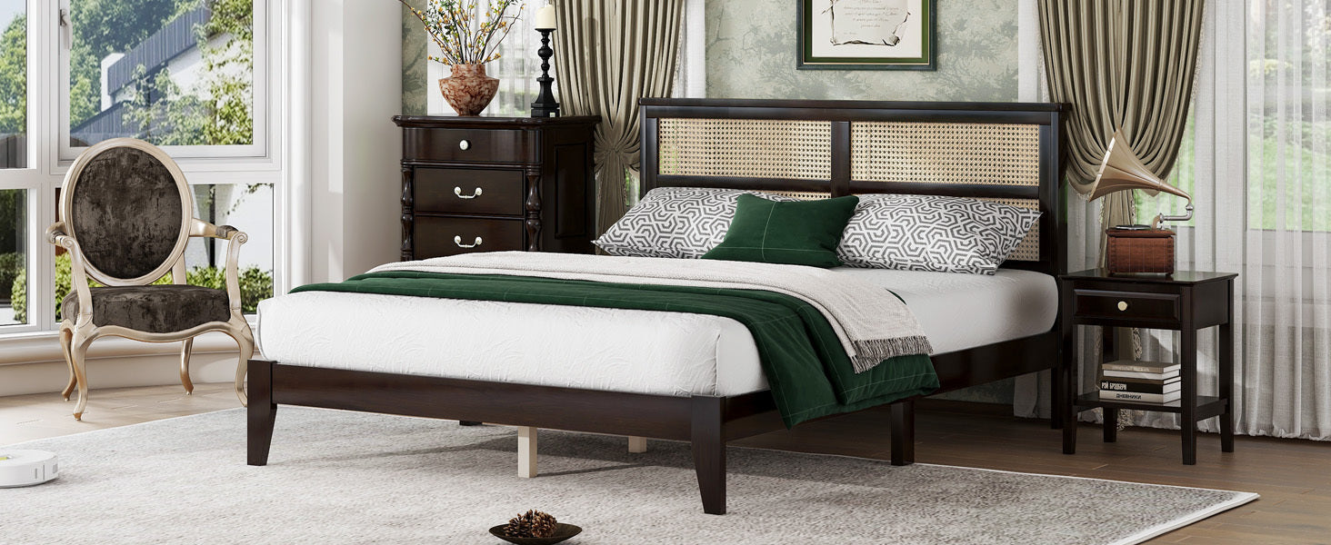 Queen Size Rubber Wooden, Solid Wooden Bed with Rattan Headboard, Enhanced by Support Feet,Espresso