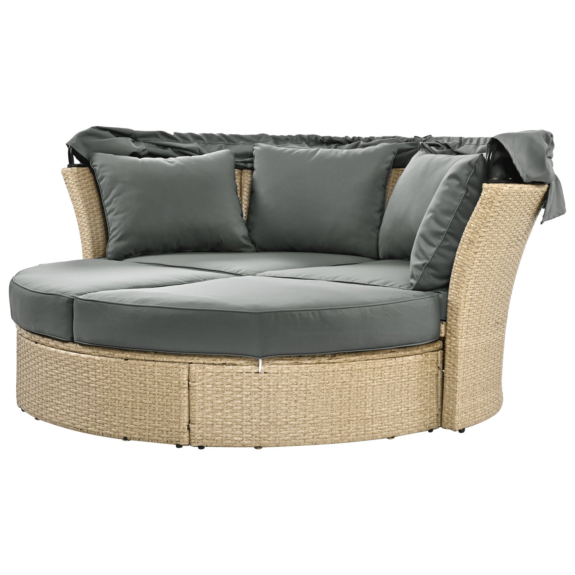 Outdoor Patio Daybed Wicker Rattan Double Daybed with Retractable Canopy, Grey, Polyester Upholstery, 71.7 x 63.4 x 62.2 inches
