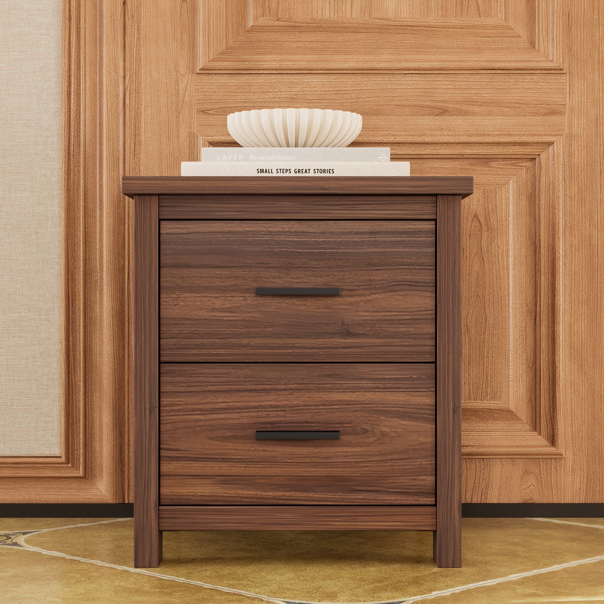 4PCS Bedroom Sets, Wooden Queen Size Bed Frame with Storage Headboard and Charging Station, 2 Nightstands with 2 Drawers, 1 Dresser with 5 Drawers, Walnut(old SKU HL000102AAD)