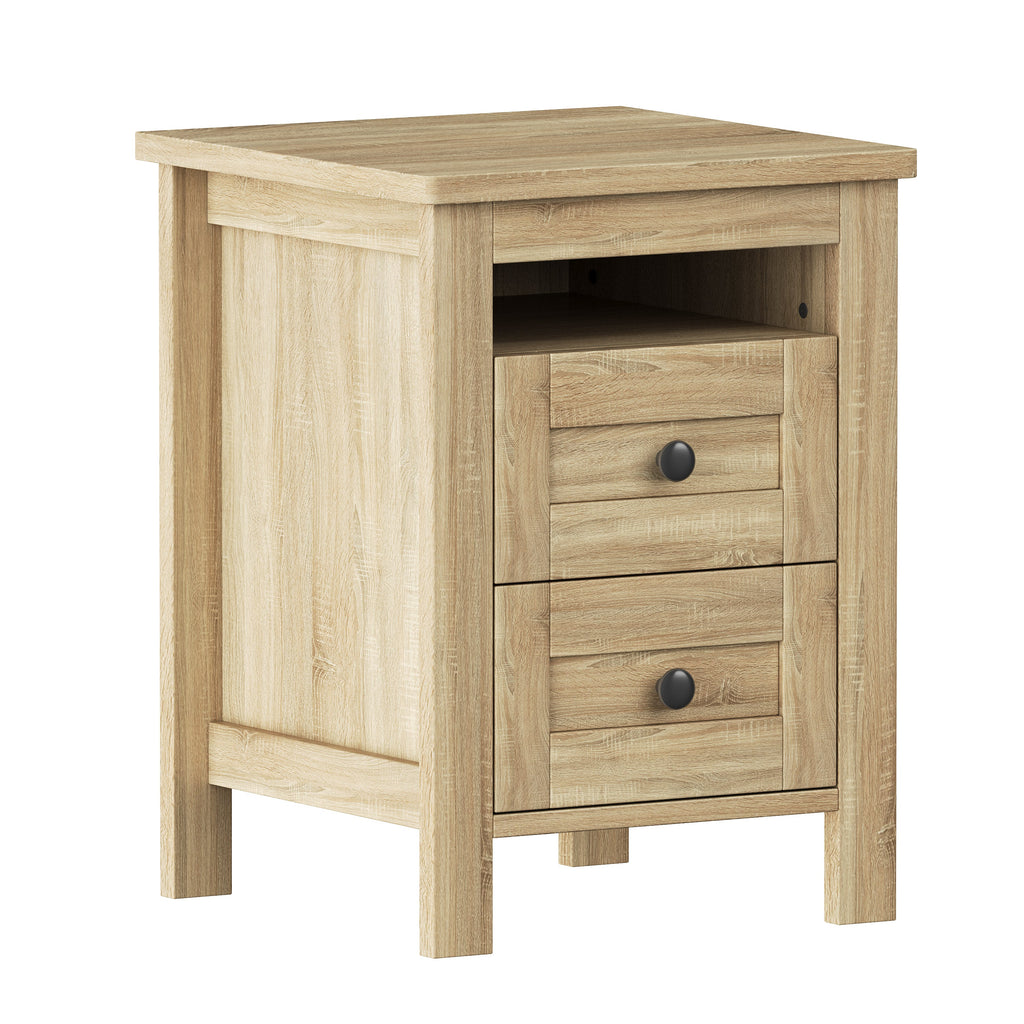 3-Pieces Bedroom Sets Queen Size Farmhouse Platform Bed with Double Sliding Door Storage Headboard and Charging Station, Storage Nightstand and Dresser, Natural