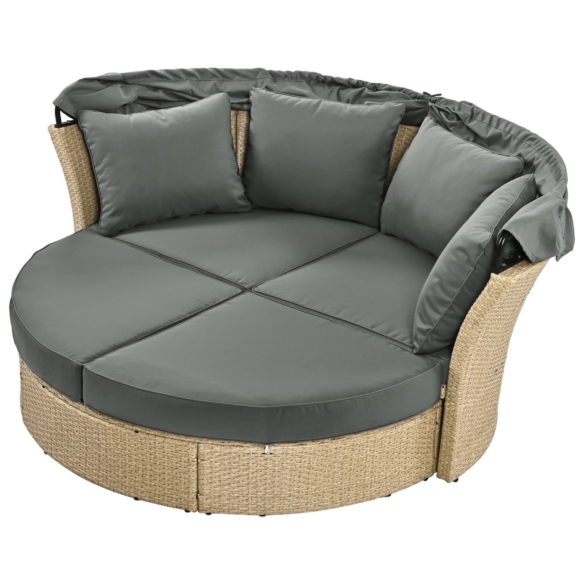 Outdoor Patio Daybed Wicker Rattan Double Daybed with Retractable Canopy, Grey, Polyester Upholstery, 71.7 x 63.4 x 62.2 inches