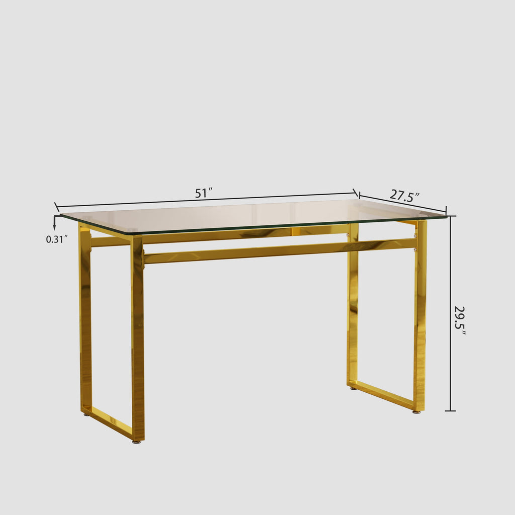 Modern Minimalist Rectangular Glass Dining Table with Tempered Glass Tabletop and Golden Chrome Metal Legs for 4-6