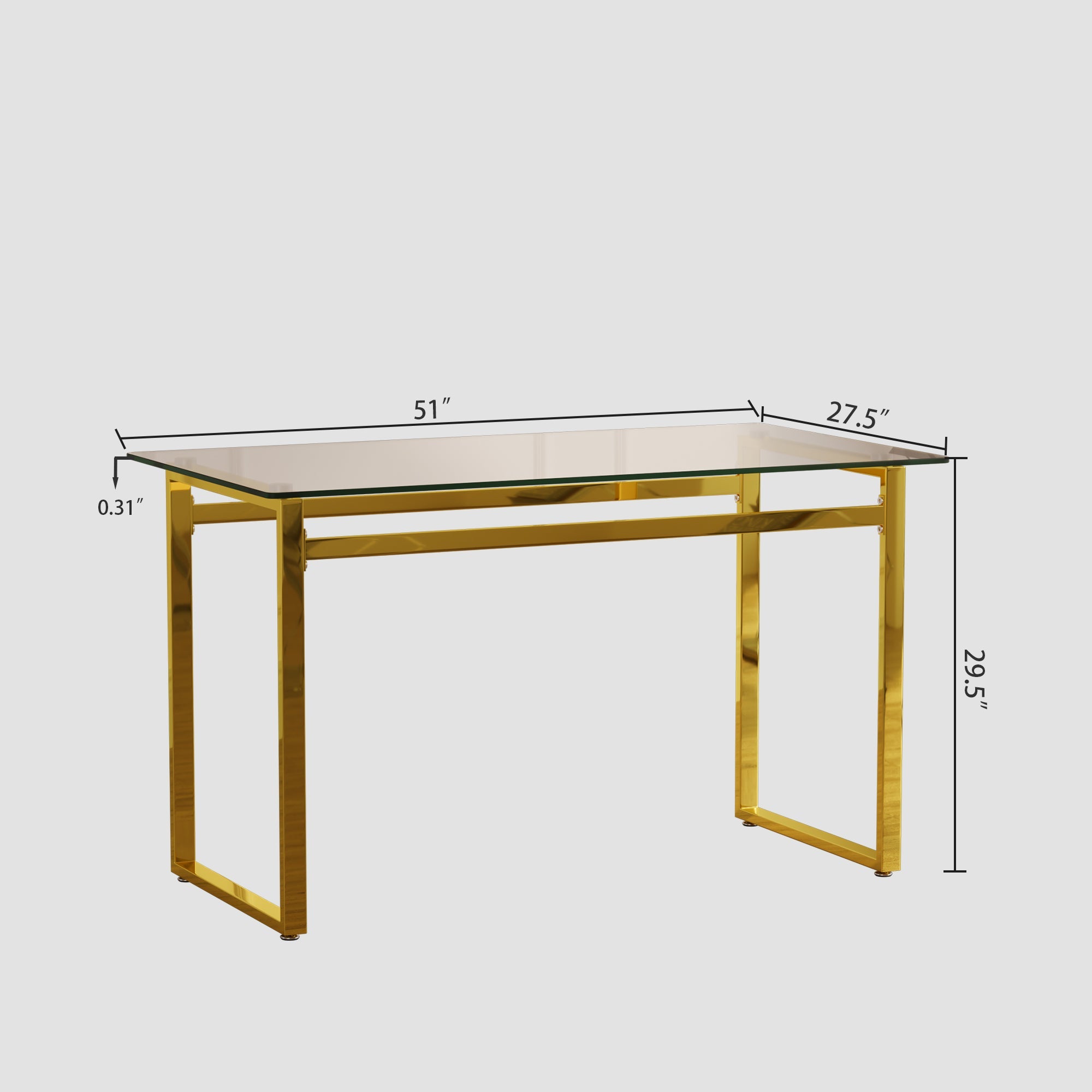Modern Minimalist Rectangular Glass Dining Table with Tempered Glass Tabletop and Golden Chrome Metal Legs for 4-6