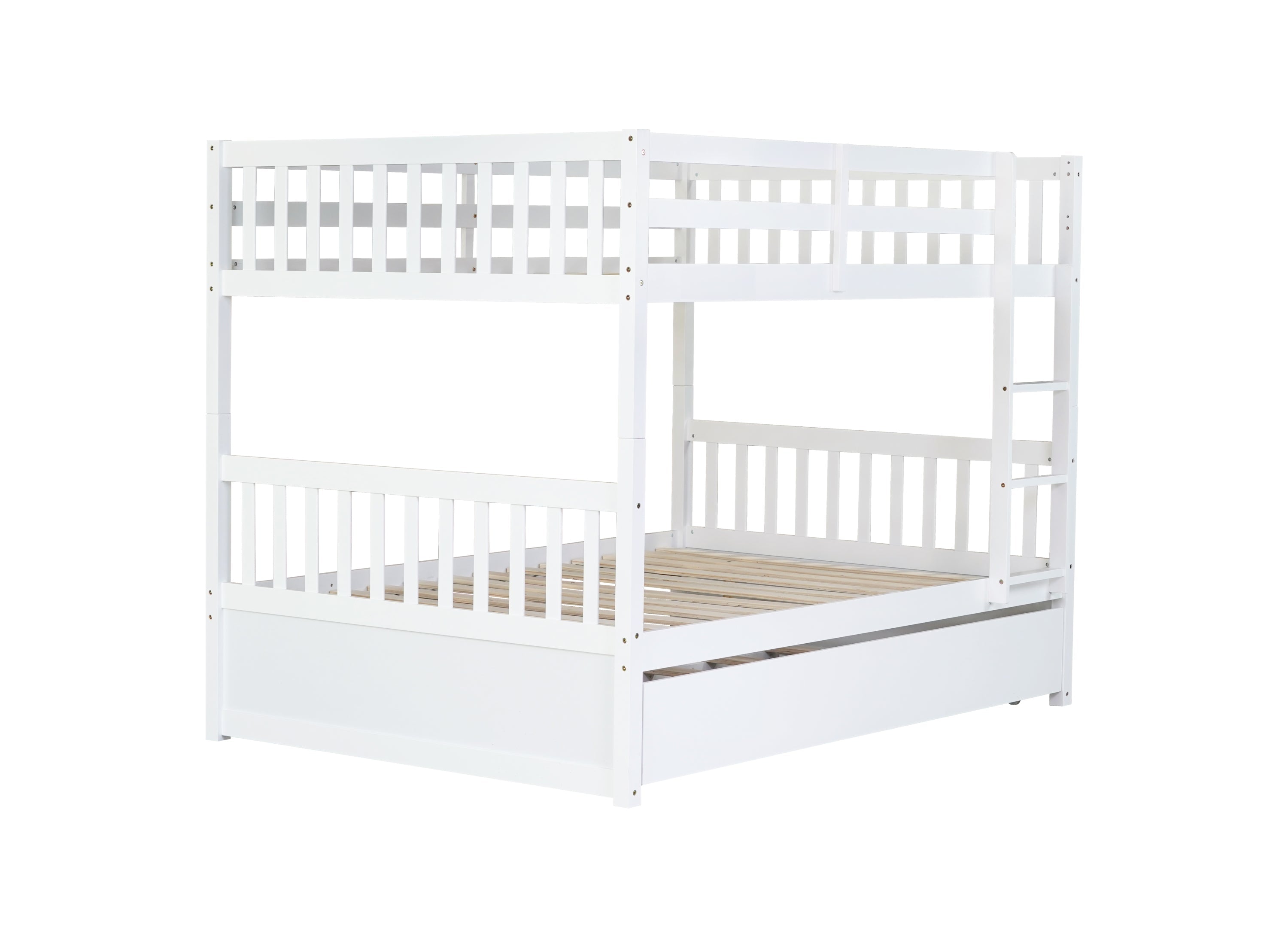 Full Over Full Rubber Wood Bunk Bed with Trundle, Ladder and Guardrails, Convertible to 2 Full Size Beds, with Twin Size Trundle,White