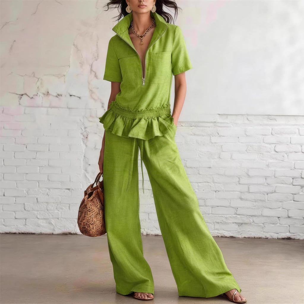 Women's Sleeveless Shirt & Wide-Leg Trousers Set – Solid Color 2-Piece