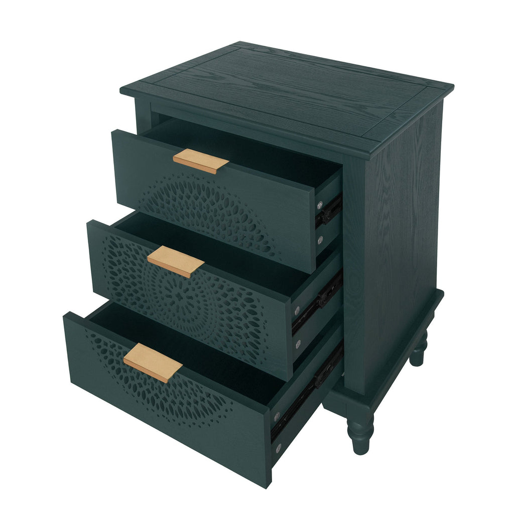 Blackish Green Hollow-Carved 3-Drawer Dresser with Metal Handles, MDF Storage Chest for Living Room or Bedroom