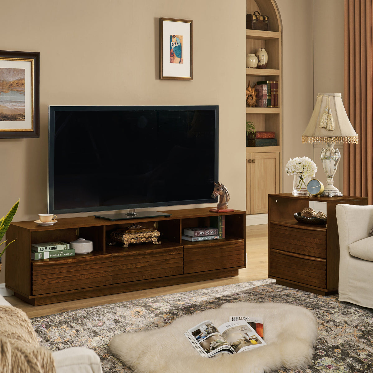 63' Mid-Century Modern TV Stand for TVs up to 75', Thick Sturdy Farmhouse Entertainment Cabinet, Media Console for Living Room, Louver Design & Solid Wood Drawers & Outlet Holes, Walnut