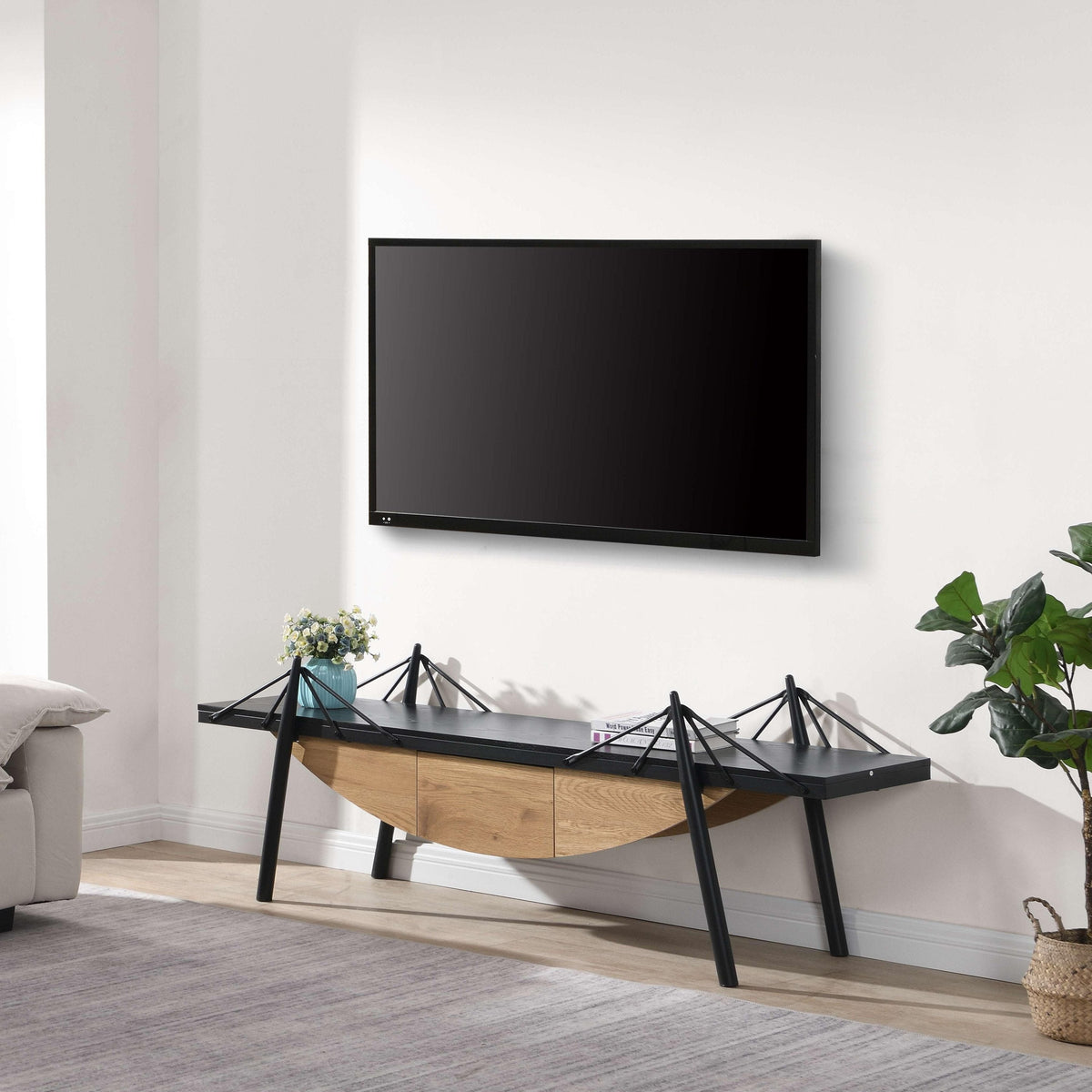 Sailboat-Shaped TV Stand, 70.87 inch Modern Entertainment Center with Drawer, MDF Wood Media Console Table, Unique Nautical Design, Sturdy Metal Support, Storage Cabinet for Living Room and Office
