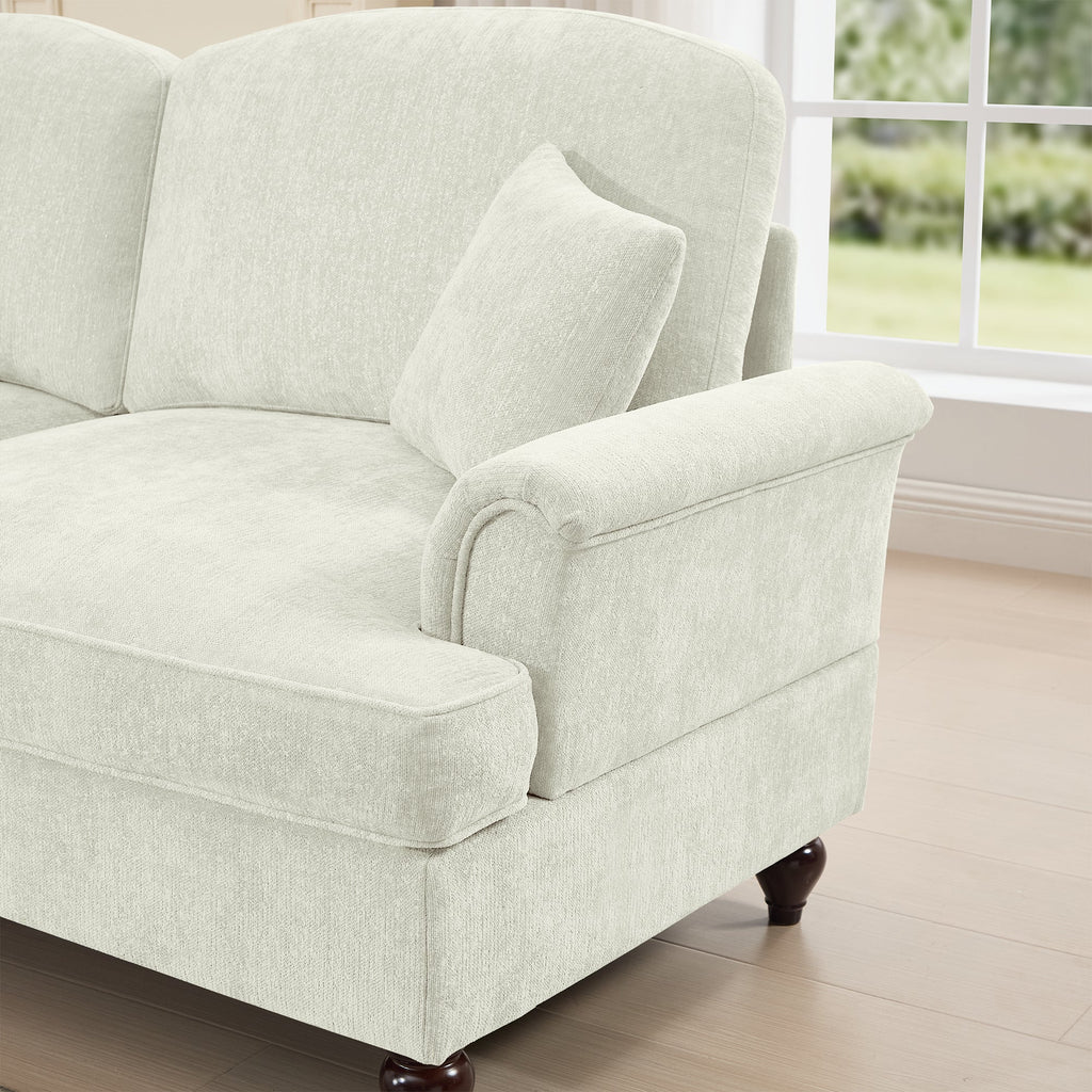 Elegant Mid Century Large 3 Seater Sofa Couch with Flared Arms and Removable Ruffles Pleats Skirts and Spindle Legs, Comfy Chenille Three-Seat Sofa for Living Room, Beige White