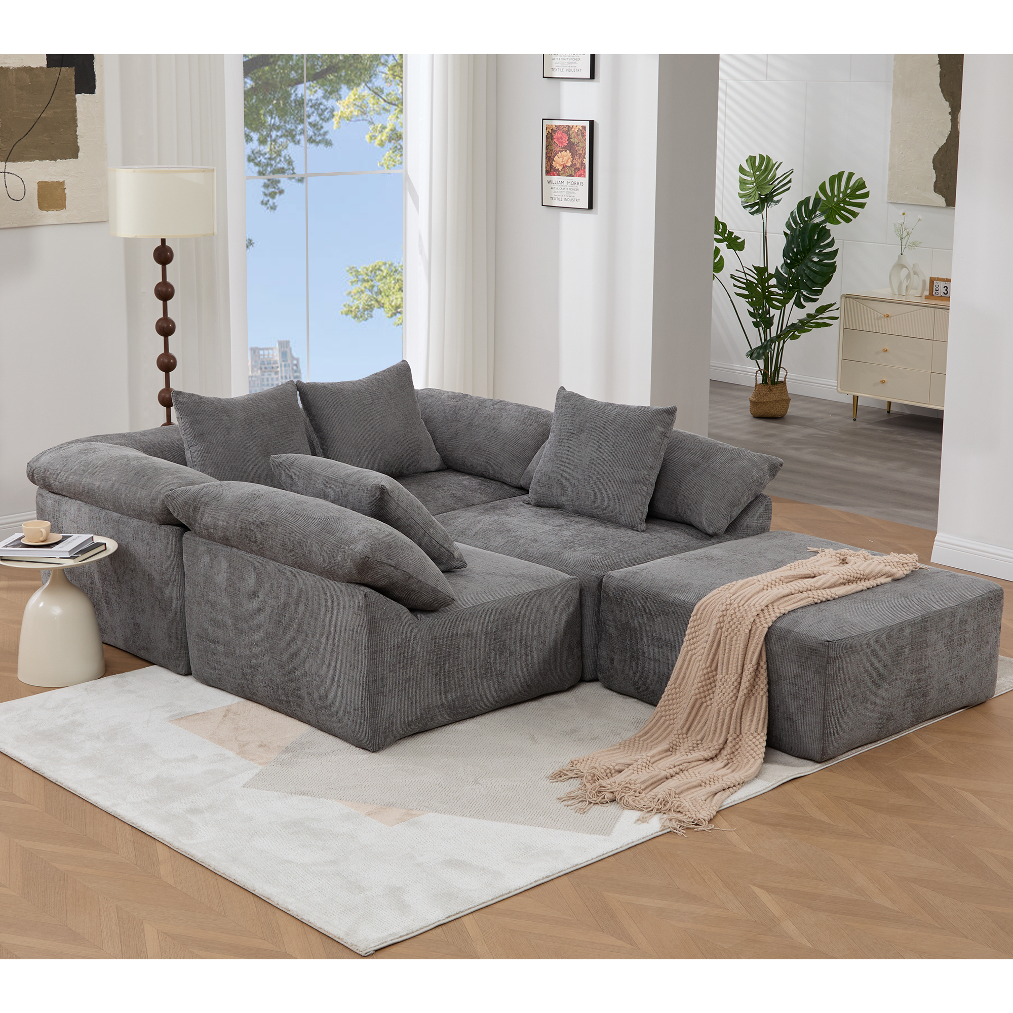 142' L Shaped Modular Sectional Sofa,No Assembly,5 Piece Couch, Convertible Sleeper Couch,Full-Compressed Couch,Free-Combined Couches,5 Seat & Ottoman,Chenille,Gray