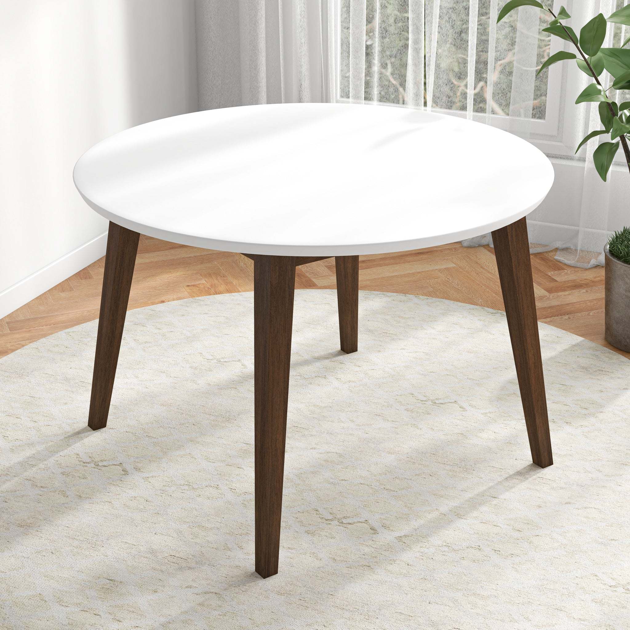 Alina Contemporary Dining Table with Smooth White Finish and Solid Wood Base 43' Diameter X 29.5' H Kitchen Dining Room Circle Dinner Pedestal Table