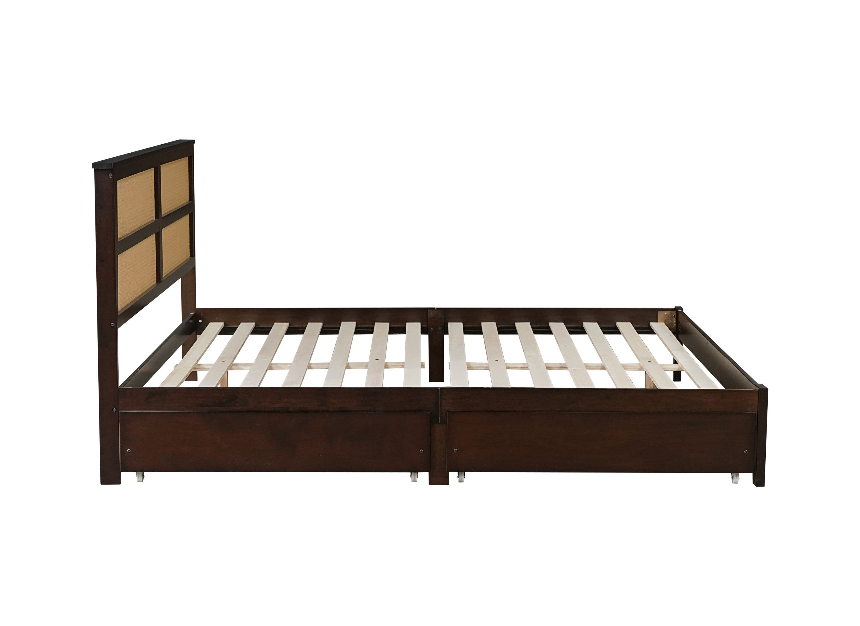 King Size Bed with Rattan Headboard, Two Storage Drawers, Rubber Wood Bed with Enhanced  Support Salts and Feet,Espresso