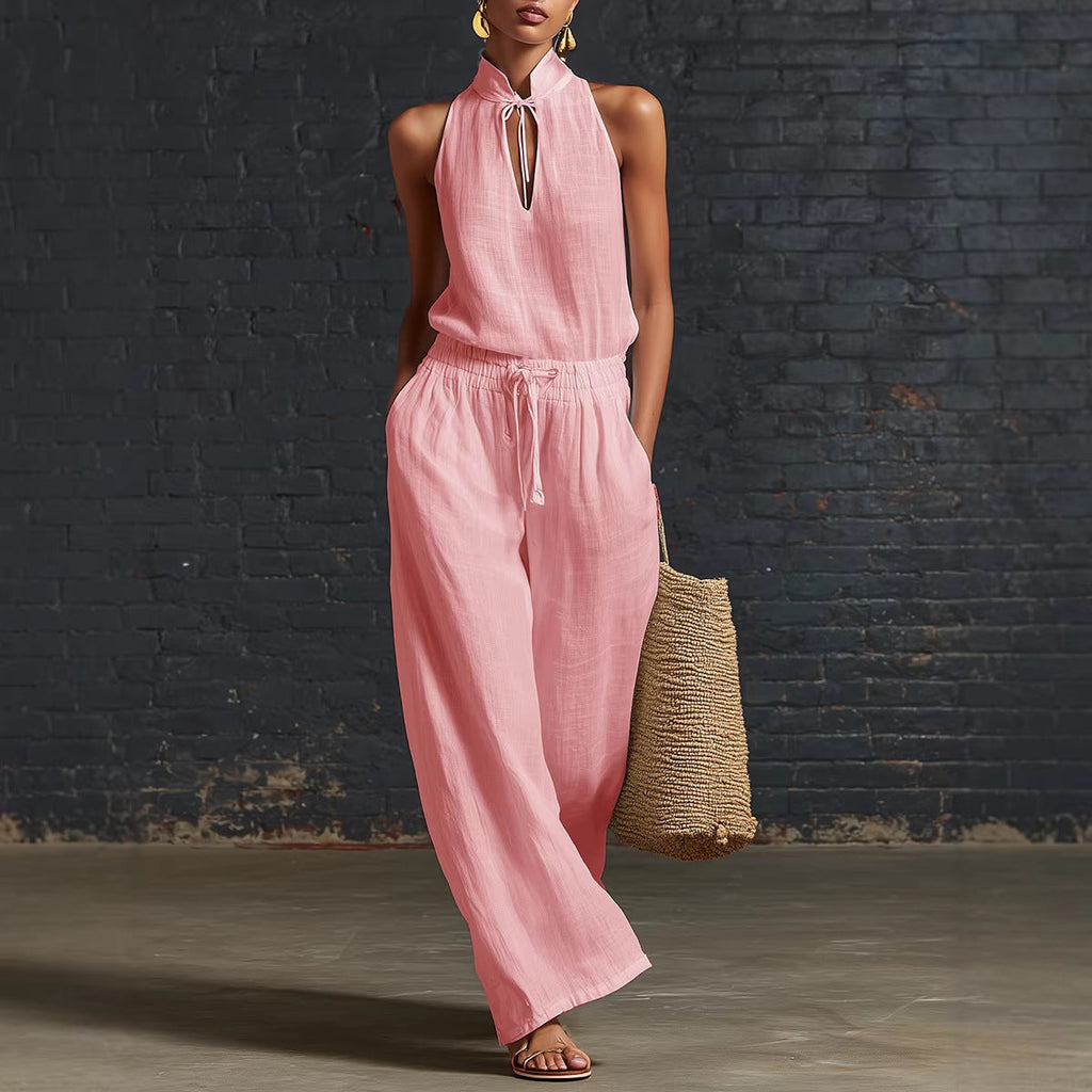 Women's Cotton Linen Sleeveless Top & Wide-Leg Pants Two-Piece Set