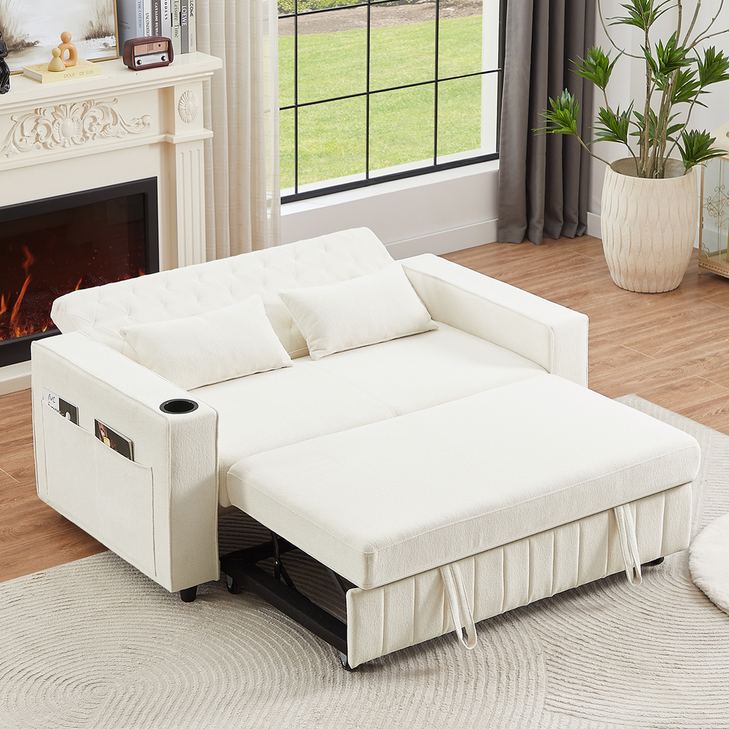 61.4' Pull-out Sofa Bed Convertible Couch Loveseat Sofa Modern Sleeper Sofa with Adjustable Backrest for Living Room, Beige