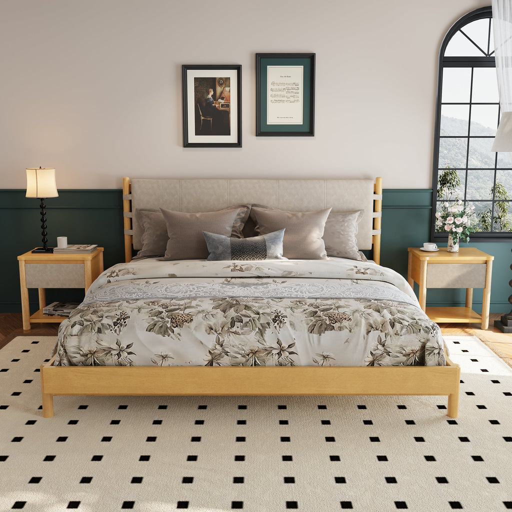 Modern King Bed Frame Set with 2 Nightstands, Beige Wood Platform Bed with Headboard and Matching Bedside Tables for Bedroom
