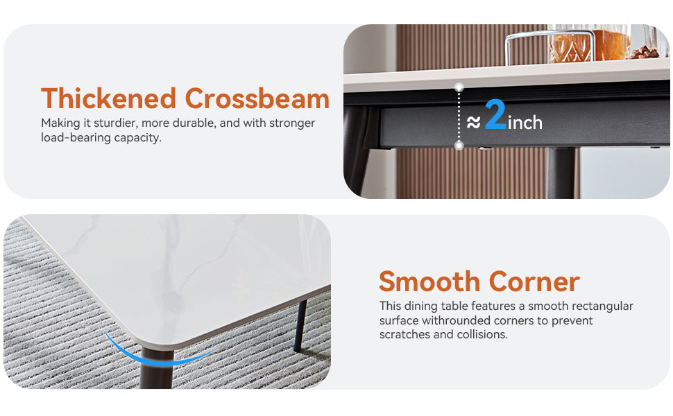 Large Rectangular Table with Strong Metal Base Modern Stone Dining Table For Kitchen 1.6m