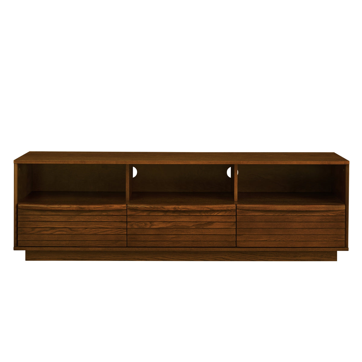 63' Mid-Century Modern TV Stand for TVs up to 75', Thick Sturdy Farmhouse Entertainment Cabinet, Media Console for Living Room, Louver Design & Solid Wood Drawers & Outlet Holes, Walnut