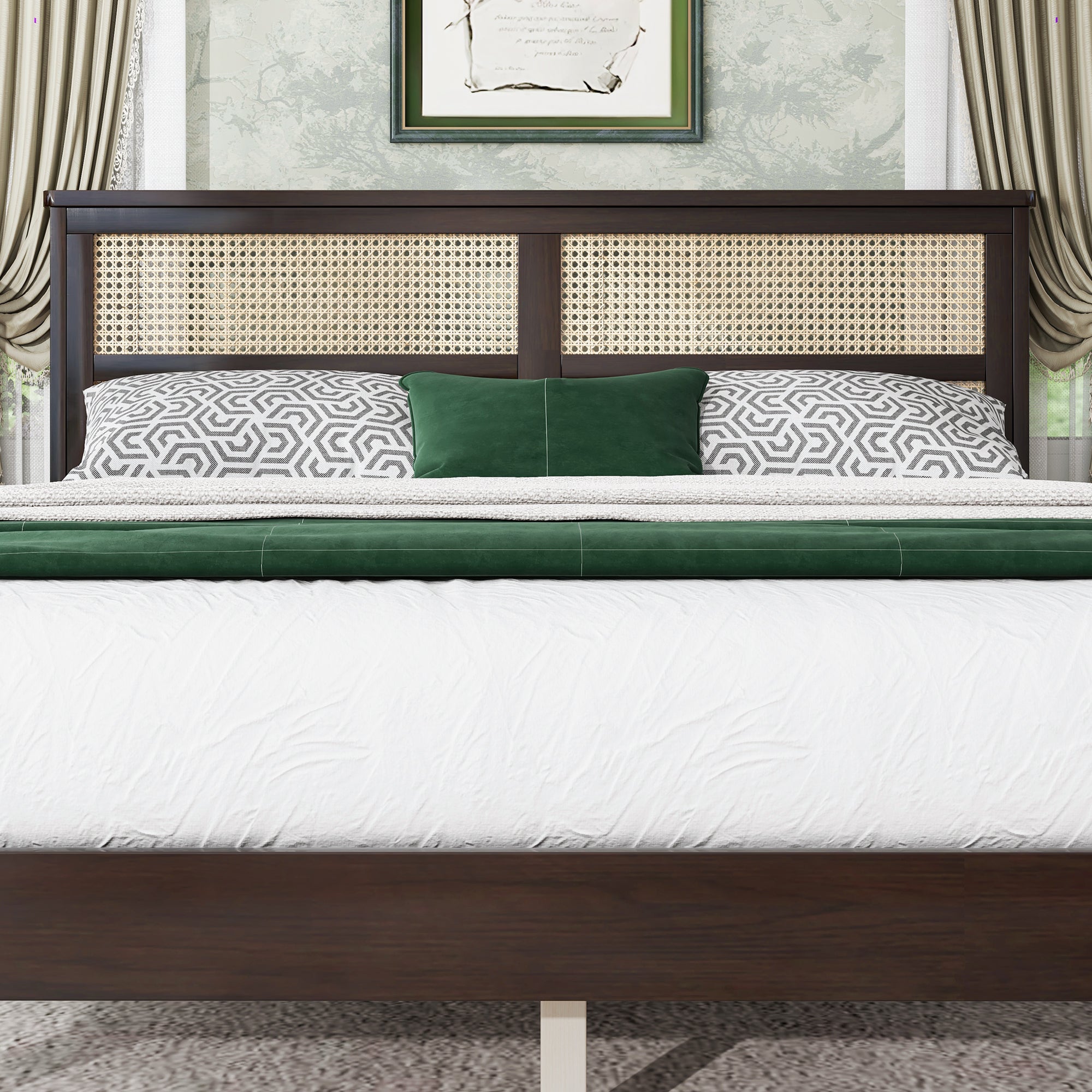 Queen Size Rubber Wooden, Solid Wooden Bed with Rattan Headboard, Enhanced by Support Feet,Espresso
