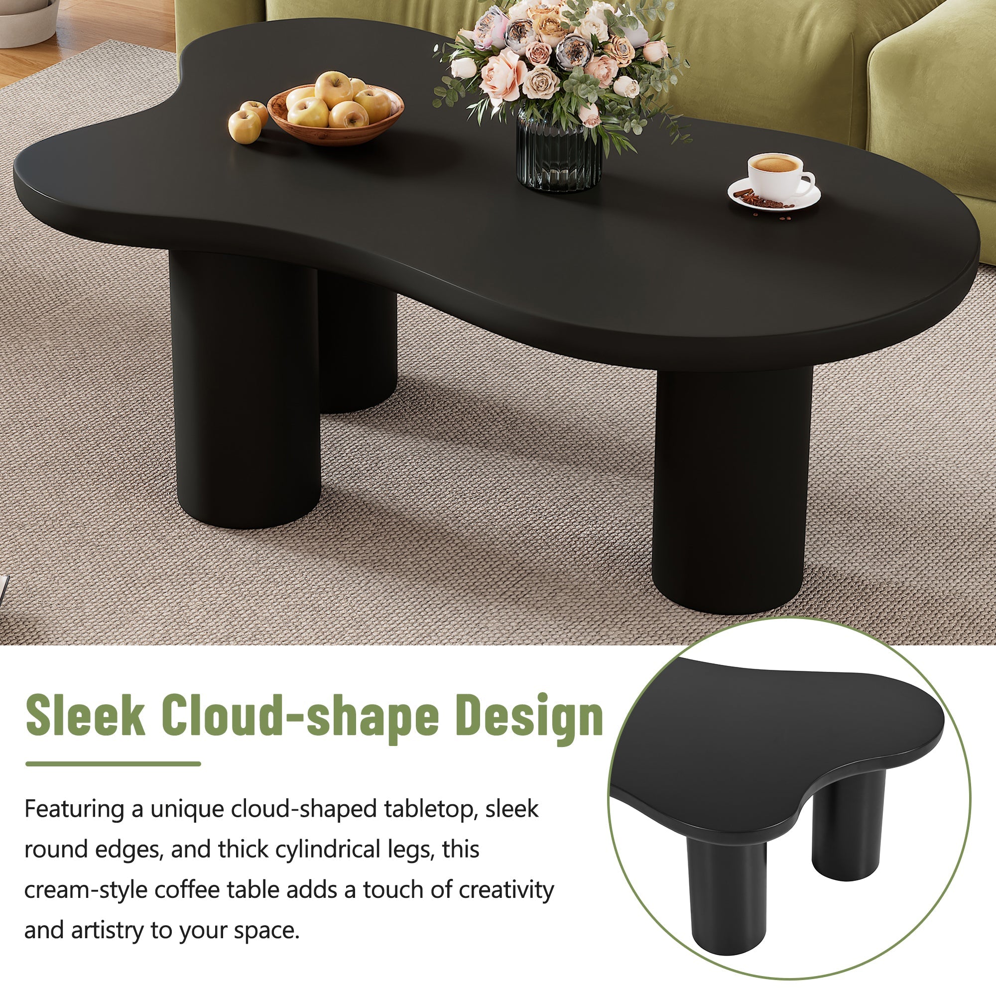 ON-TREND 44'' x 25.9'' Easy Assembly Cloud Coffee Table with 1.5'' Thick Tabletop, Cream Style Irregular End Table with 3 Sturdy Legs, Sleek Center Table with Round Edge for Living Room, Black