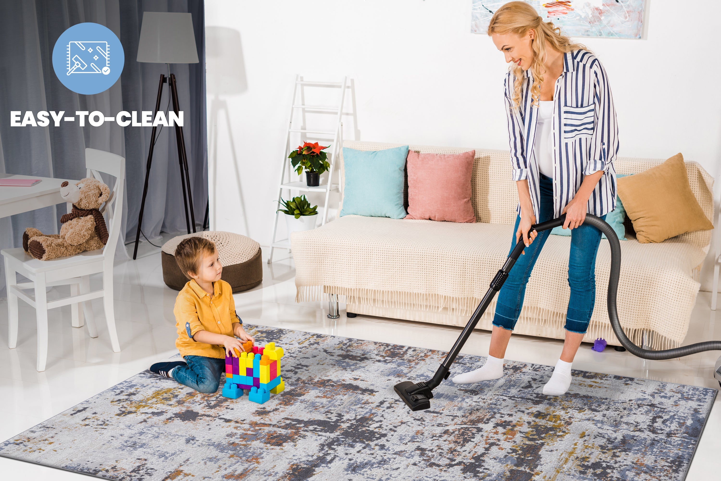 NAAR PAYAS Collection 5X7 Ivory / Blue / Abstract Area Rug