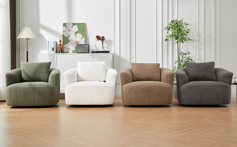 360° Swivel Chair, Chenille Upholstered Barrel Sofa Chair with Throw Pillow, Green, 38.2' for Living Room, Bedroom, Office