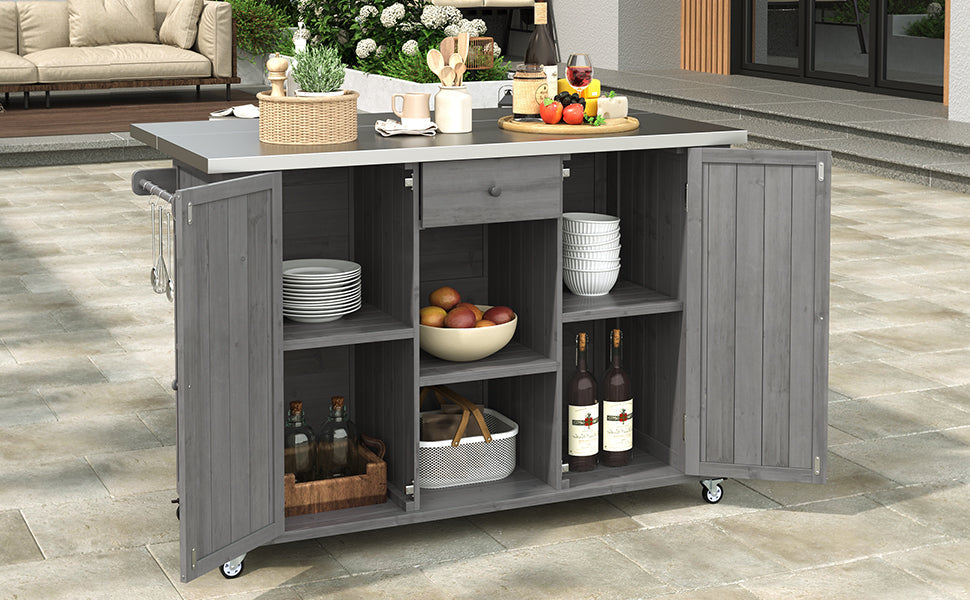 Outdoor Kitchen Island Fir Wood Kitchen Island with Stainless Steel Top, Ample Storage, Towel and Spice Racks, Bottle Opener, Grey