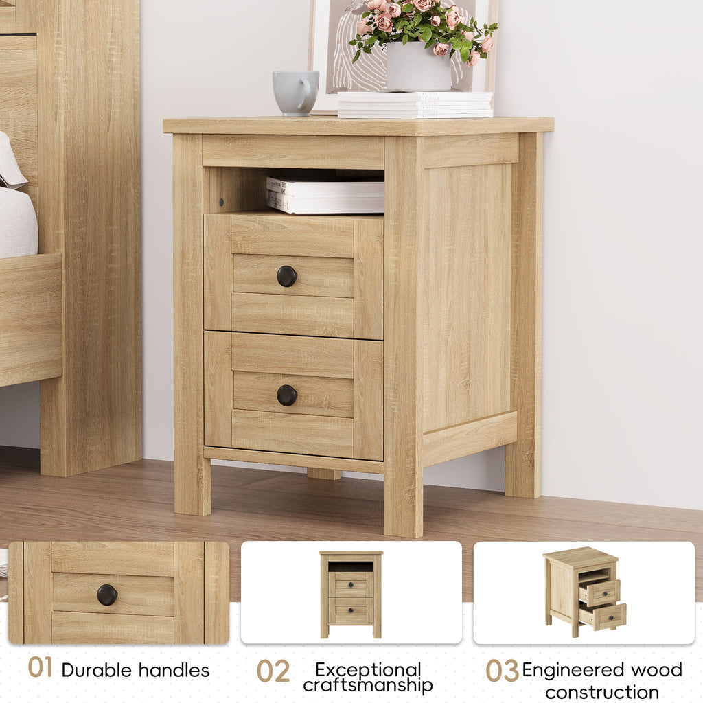 3-Pieces Bedroom Sets Queen Size Farmhouse Platform Bed with Double Sliding Door Storage Headboard and Charging Station, Storage Nightstand and Dresser, Natural