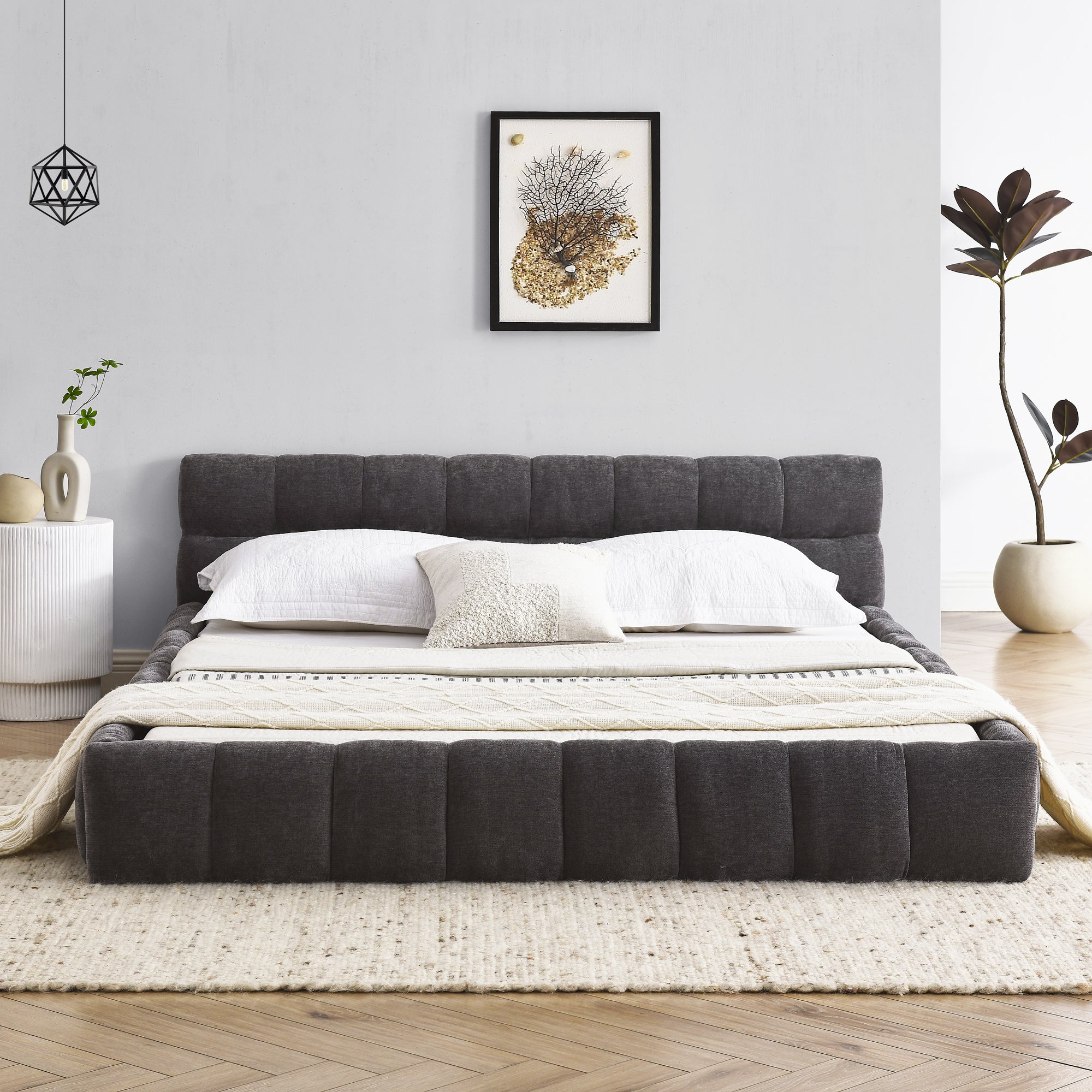 Modern Queen Size Platform Bed Frame with Thick Chenille Fabric in Dark Grey, Upholstered with Headboard