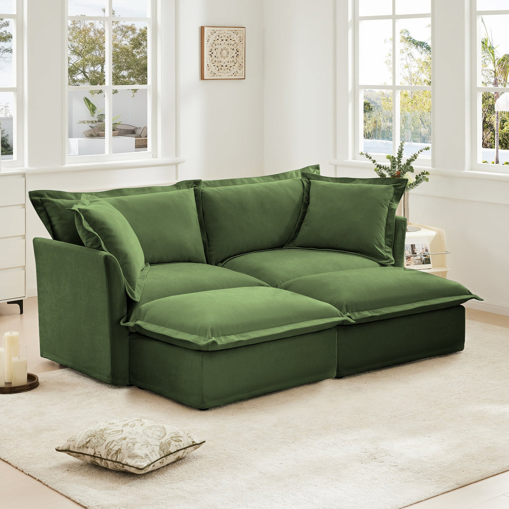 Slipcovered Sofa 2 Seater Sofa    With 2 Ottomans, 2 Seater Sleeper Sofa Bed Home Theater Oversized Sofa For Living Room,  Chenille, Green