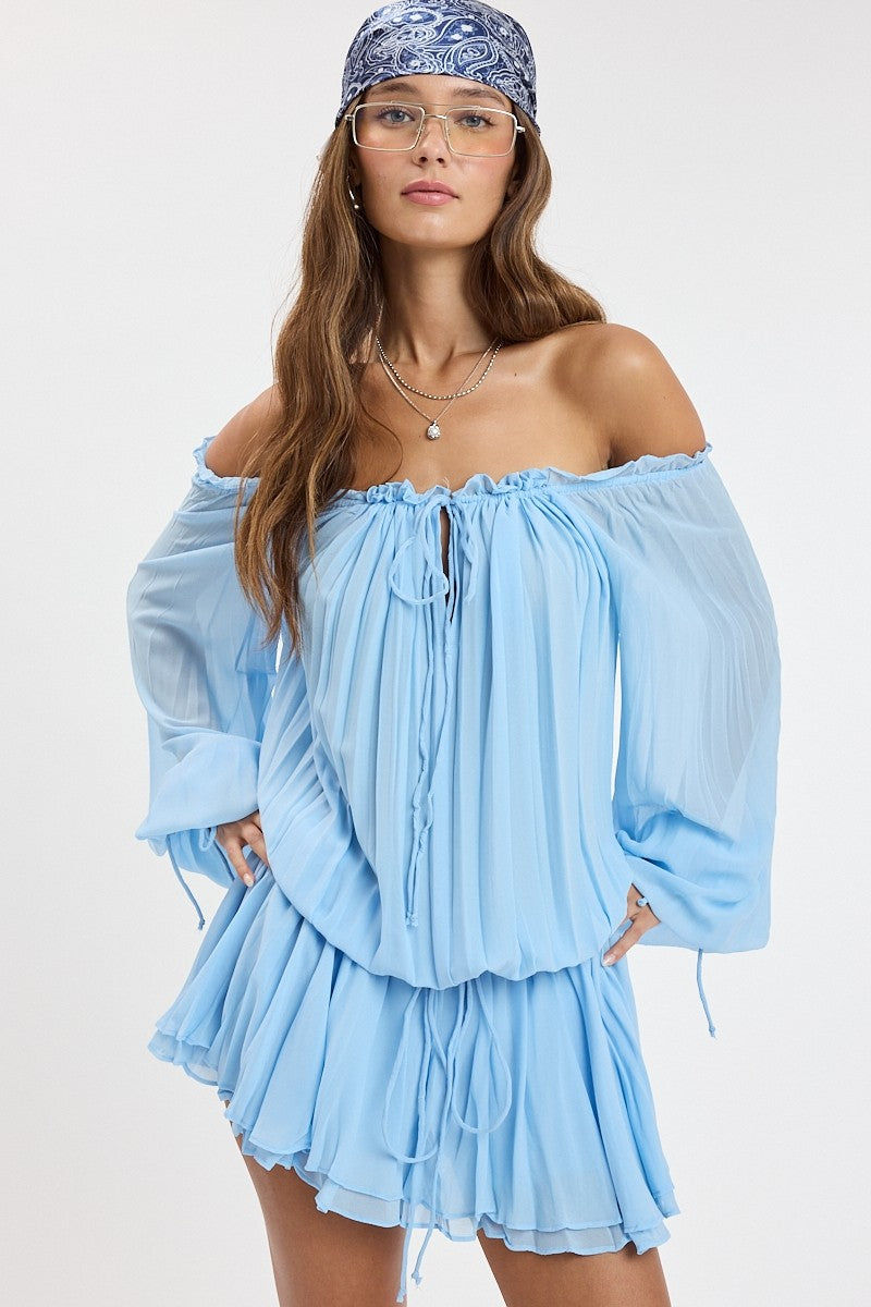 Sky to Moon Bright Chiffon Off-shoulder Tie Accent Mini Dress