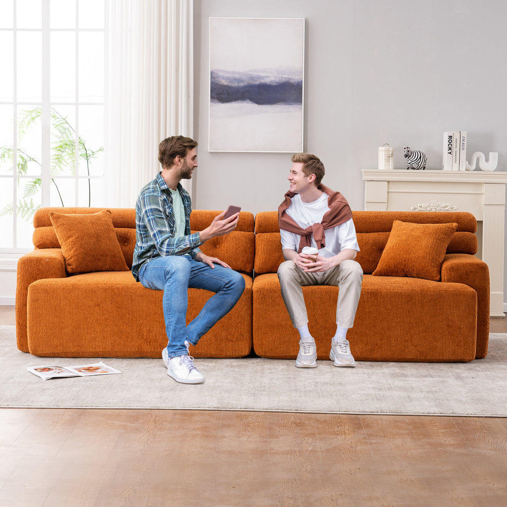 LY-029 Reconfigurable 4-Seater Sectional Sofa with Wood Grain Chenille Fabric, Amber Orange Modular Sofa with 2 Pillows, High-Density Sponge Couch for Living Room & Apartment