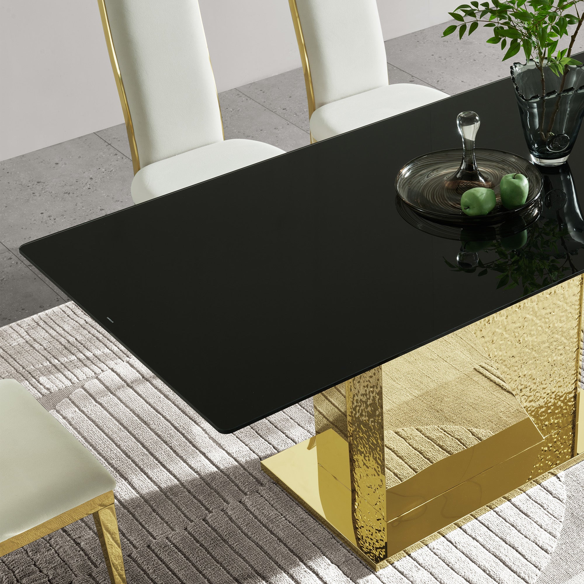 Gold stainless steel legs dining table  70.08 inch black  tempered glass top