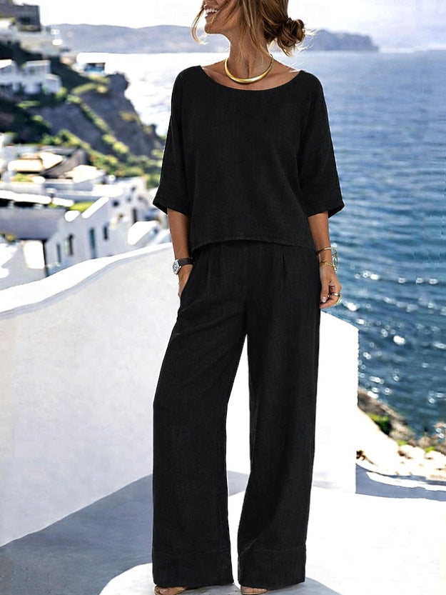 Women's Cotton Linen Resort Set – Short Sleeve Top & Wide-Leg Pants
