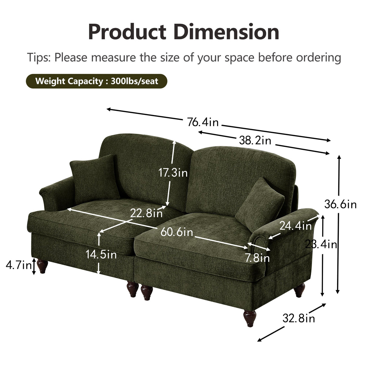 Classic 2 Piece Modular Couch Living Room Sofa Set with Flared Arms and Removable Ruffles Pleats Skirts and Spindle Legs, 3 Seater Sofa + 2-Seat Loveseat Sofa Sets for Living Room,Green