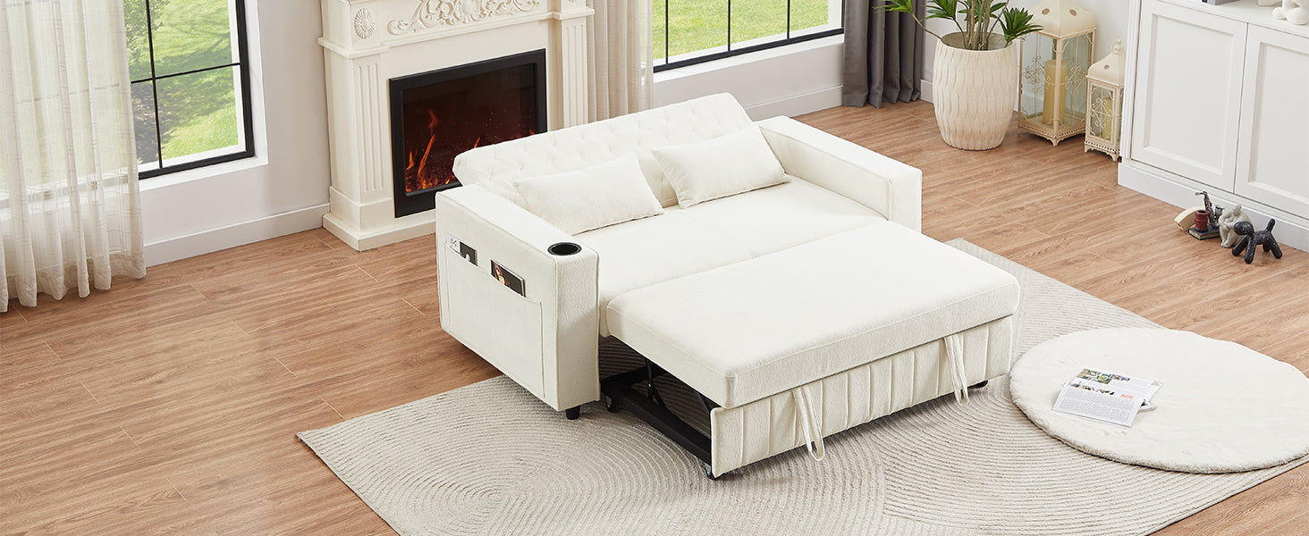 61.4' Pull-out Sofa Bed Convertible Couch Loveseat Sofa Modern Sleeper Sofa with Adjustable Backrest for Living Room, Beige