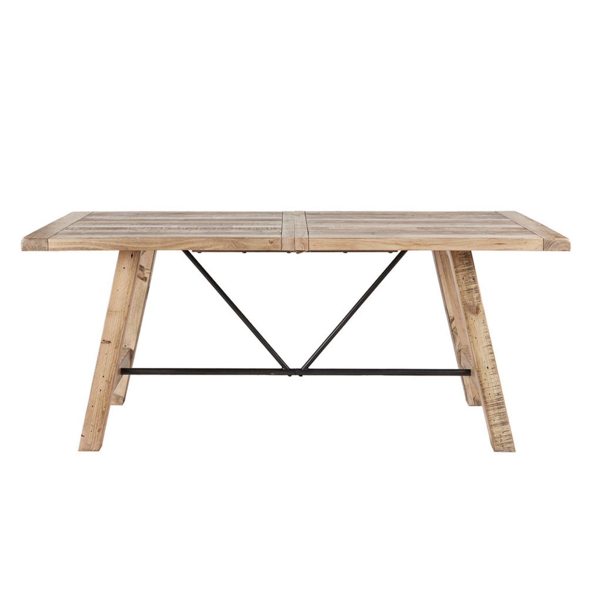 Rustic Dining Table with Metal Support in Natural Pine Wood Finish, 72 x 36 inches