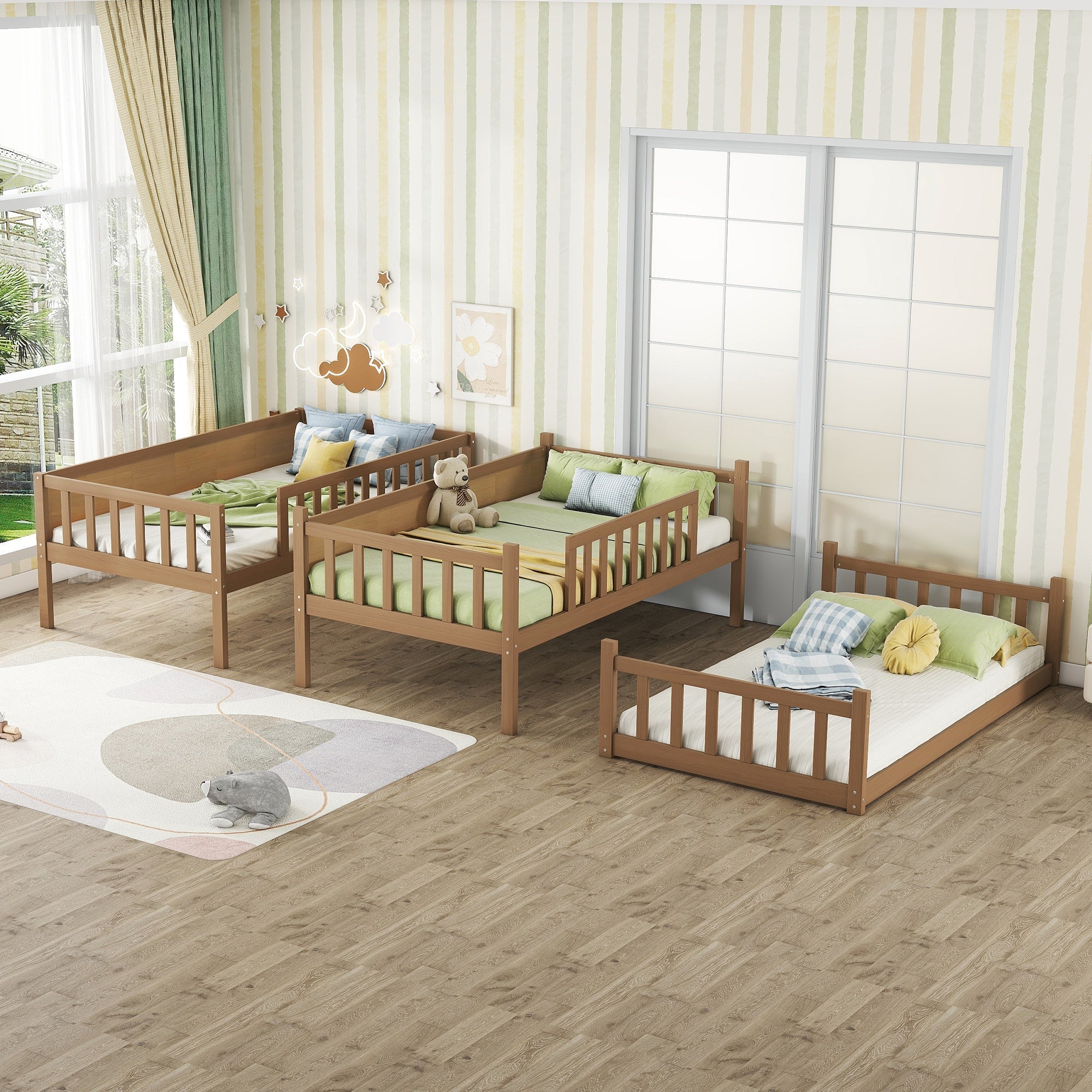 Twin Size Triple Rubber Wood Bunk Bed, with Ladders, Guardrails Detachable Bunk Bed, Twin over Twin over Twin,Natural