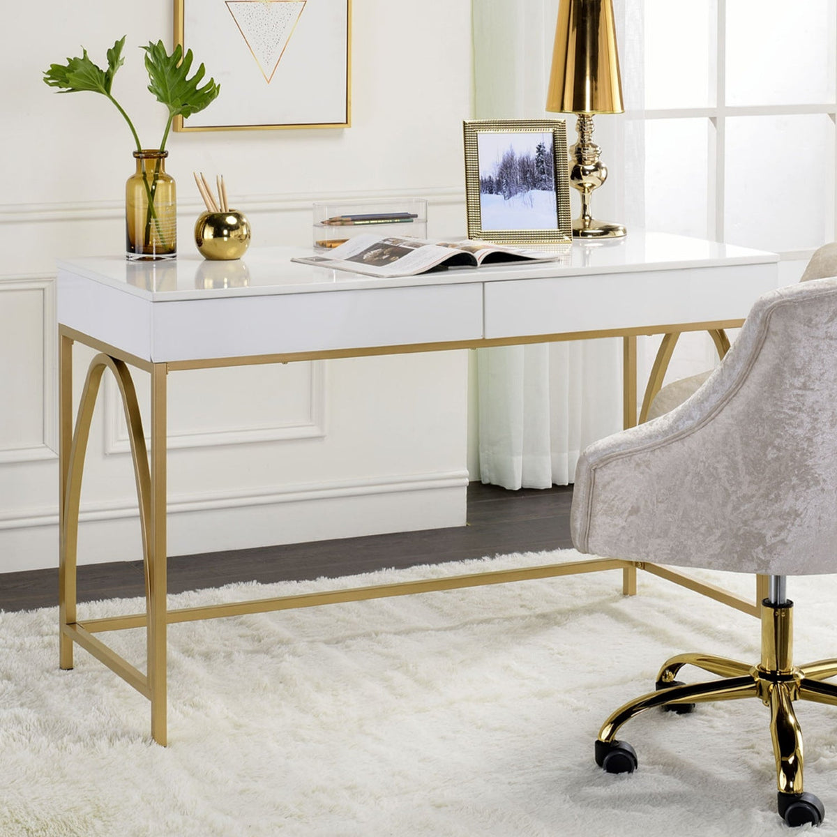 2 Drawers Writing Desk with Metal Trestle Base, White High Gloss and Gold
