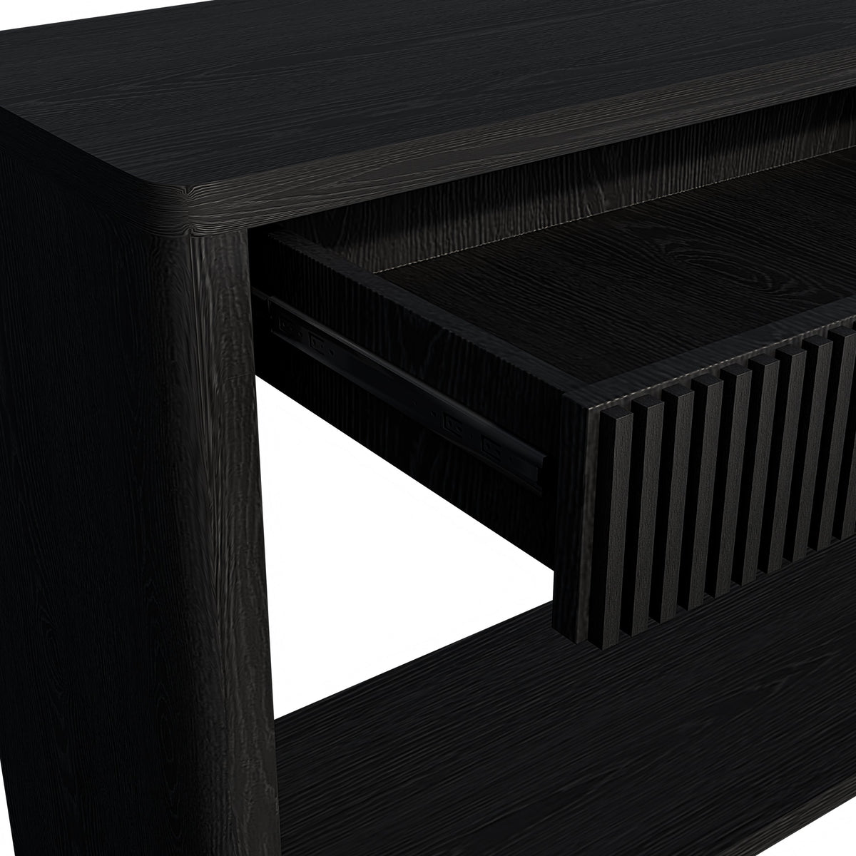 60' Modern 2-Drawer Fluted Console Table Natural Wood Veneer Sofa Table Behind Couch Table for Living Room, Hallway, Entryway, Home Office, Black