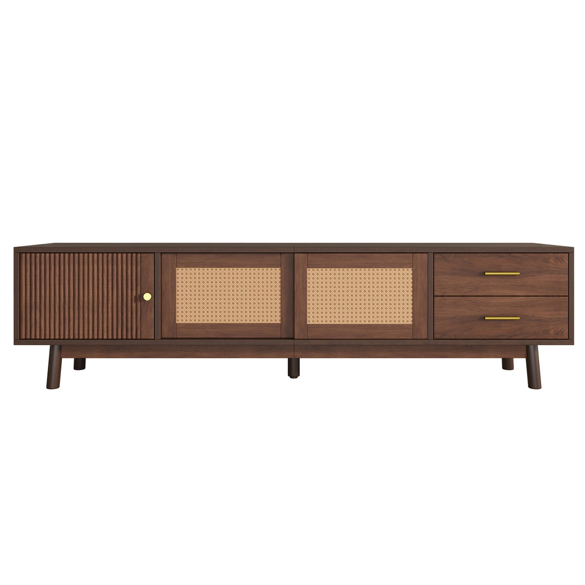 Mid Century Modern TV Stand for 80' TVs, Entertainment Center with Sliding Doors and Drawers, TV Table with Storage for Living Room, Bedroom
