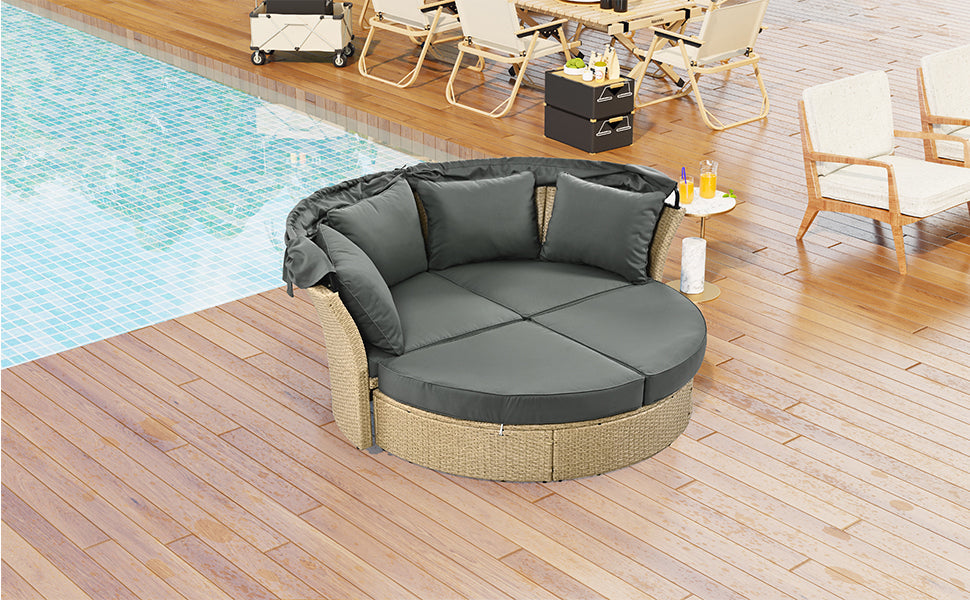 Outdoor Patio Daybed Wicker Rattan Double Daybed with Retractable Canopy, Grey, Polyester Upholstery, 71.7 x 63.4 x 62.2 inches