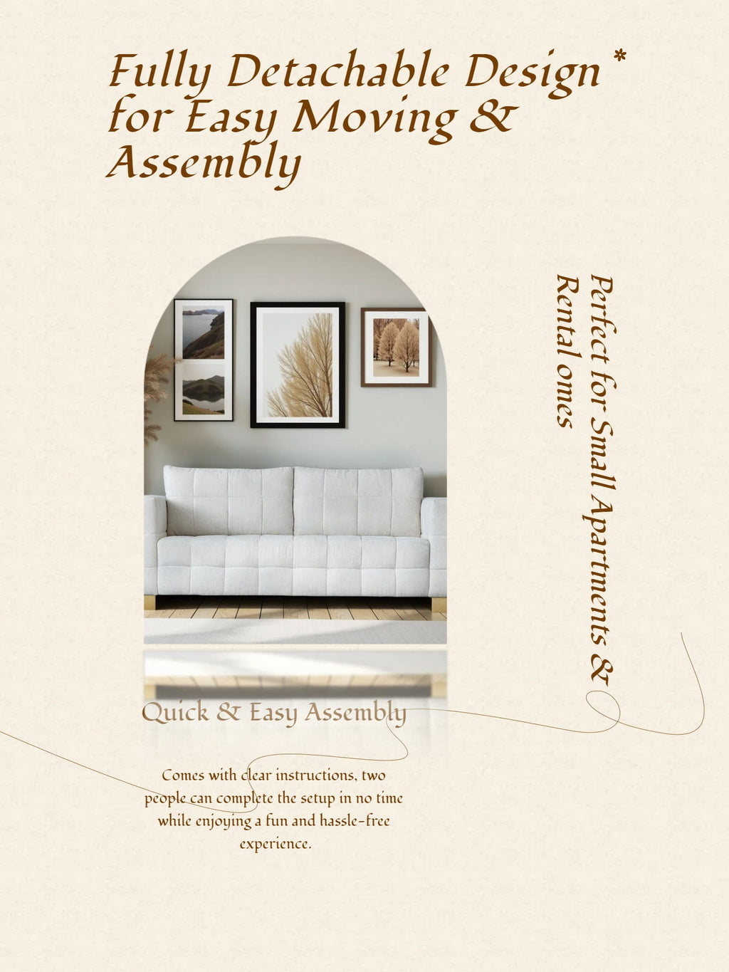 FX-P54-BE SOFA  Contemporary Beige Chenille Couch, Deep-Seat 3-Person Sofa with Wide Armrests & Brushed Stainless-Steel Block Legs Soft Upholstered Sofa for Living Room