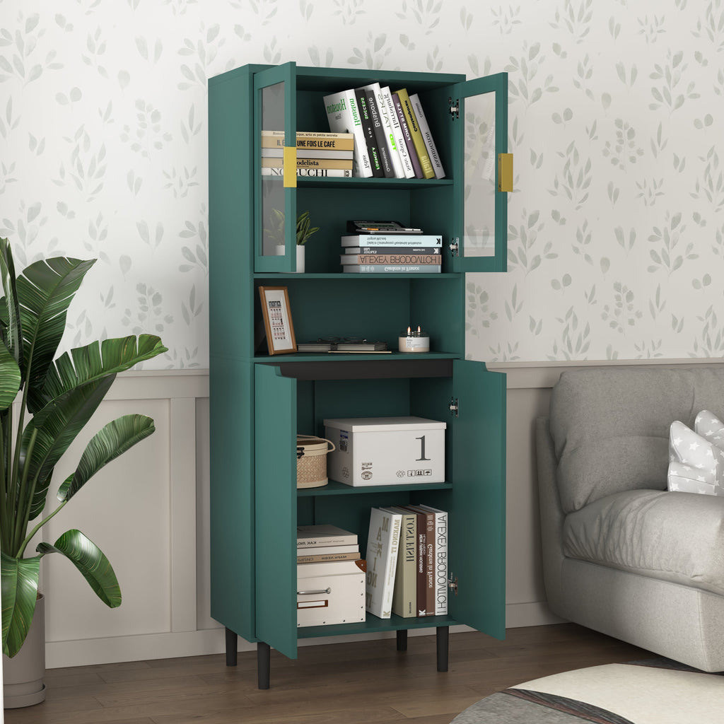 Tall Storage Bookcase with 2 Glass Display Door & 2 Doors, Tall Kitchen Pantry Cabinet with Gold Handles, Modern Cabinet Freestanding Living Room Green